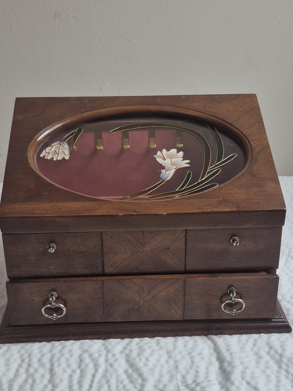 Vintage Wood Jewelry Box w/ Mirror, Floral Glass Lid, Drawers, Brown 11in 25+ pc